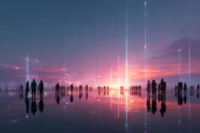 Silhouettes Of People Standing In A Futuristic Digital Cityscape
