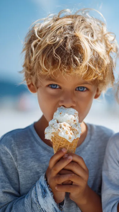 Young Boy Eating Ice Cream Cone on Beach