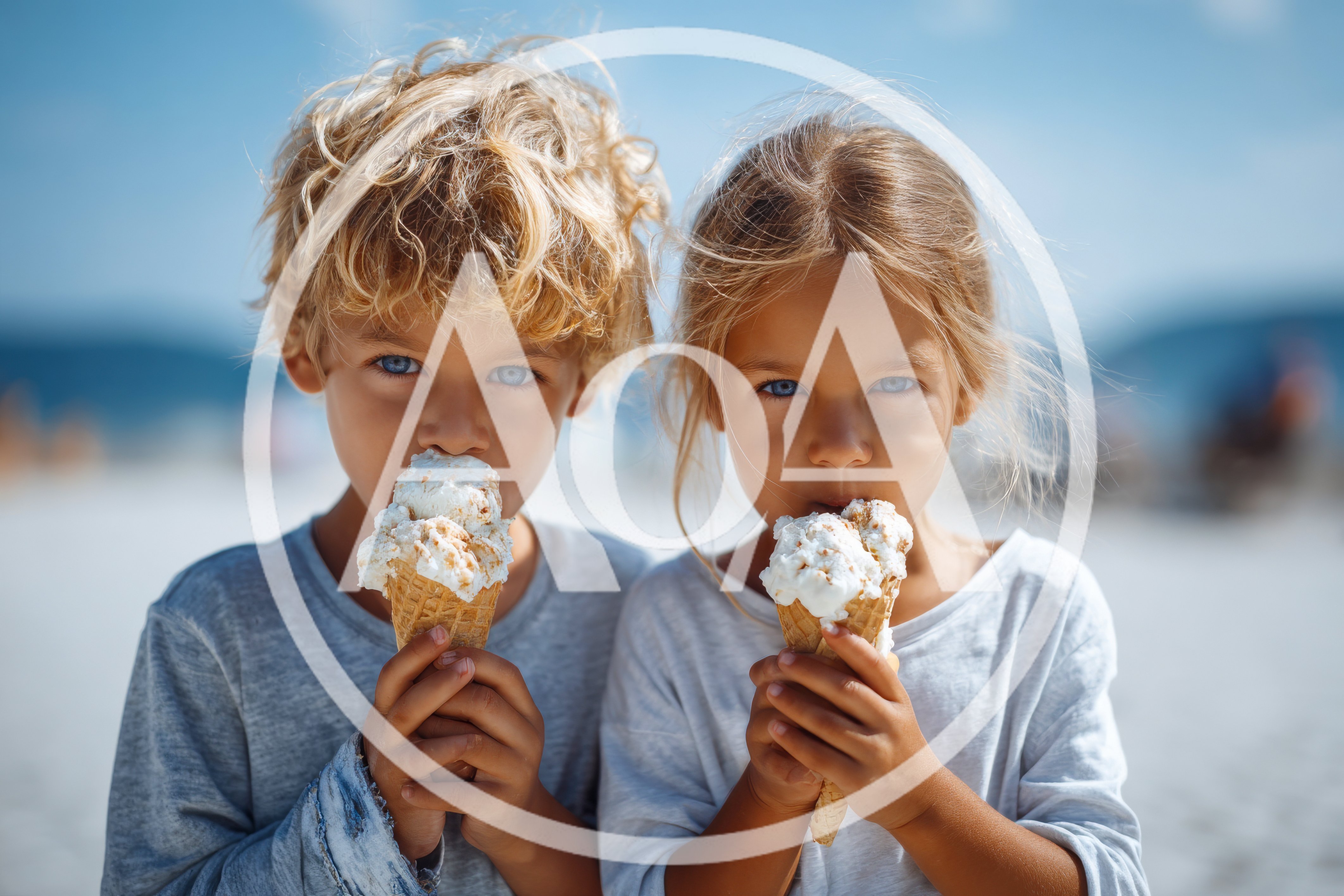 Young Children Eating Ice Cream Cones on Beach