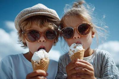 Two Children Eating Ice Cream Cones Outdoors