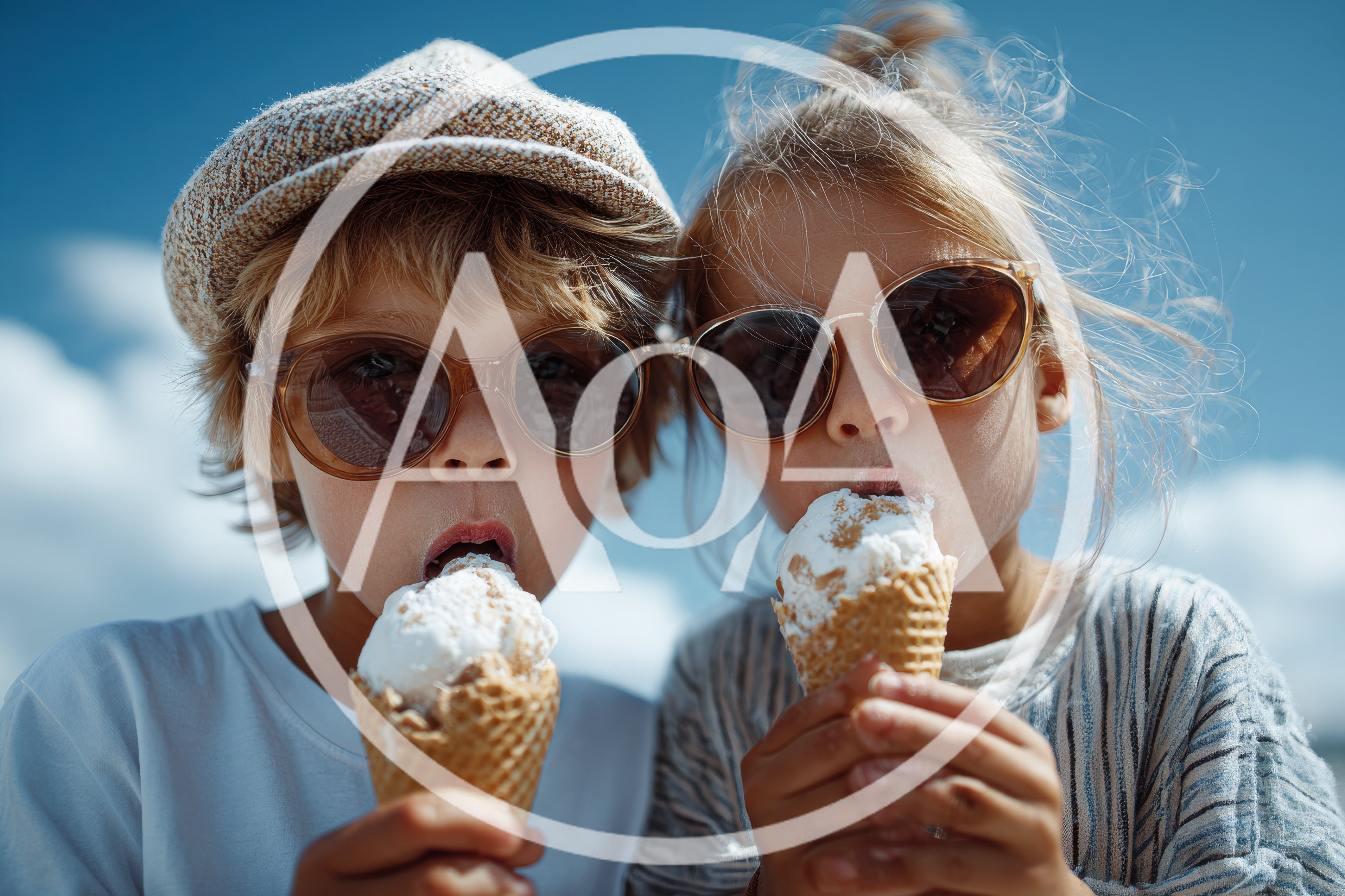 Two Children Eating Ice Cream Cones Outdoors