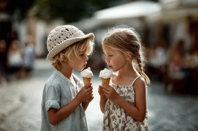 Young Children Eating Ice Cream Cones Outdoors