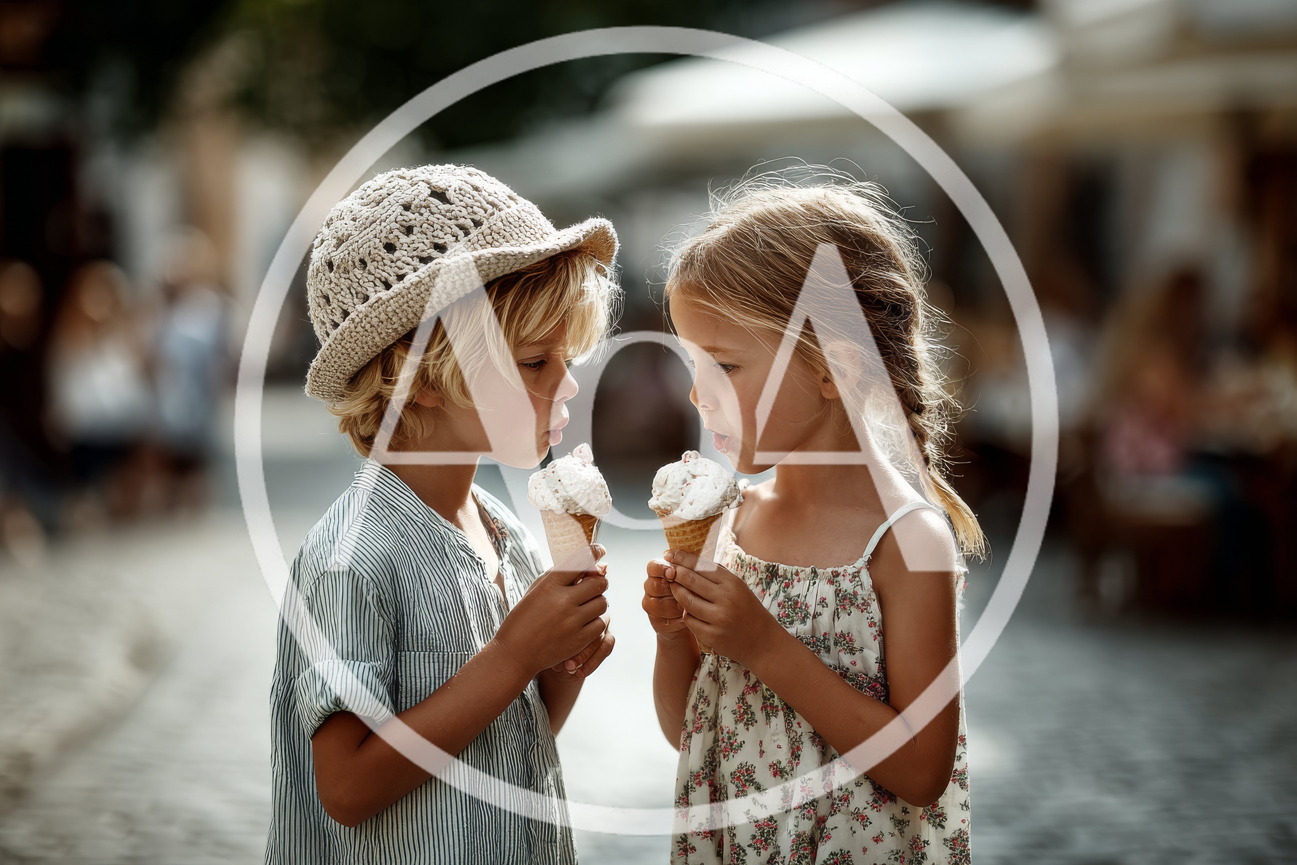 Young Children Eating Ice Cream Cones Outdoors