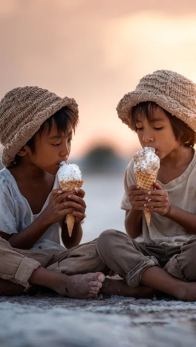 Two Young Children Eating Ice Cream Cones