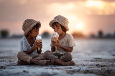 Two Young Children Eating Ice Cream Cones at Sunset