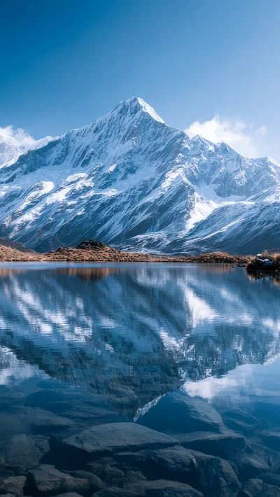 Snow Capped Mountain Peak Reflected In Alpine Lake