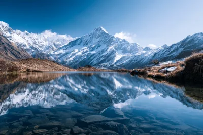 Snow Capped Mountain Peaks Reflected In Alpine Lake