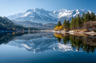 Snow Capped Mountain Range Reflecting In Calm Lake