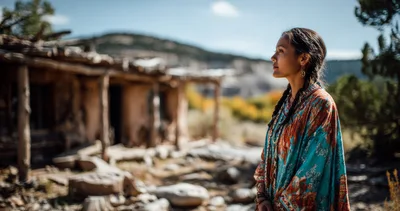 Young Indigenous Woman Standing Near Ancient Adobe Ruins