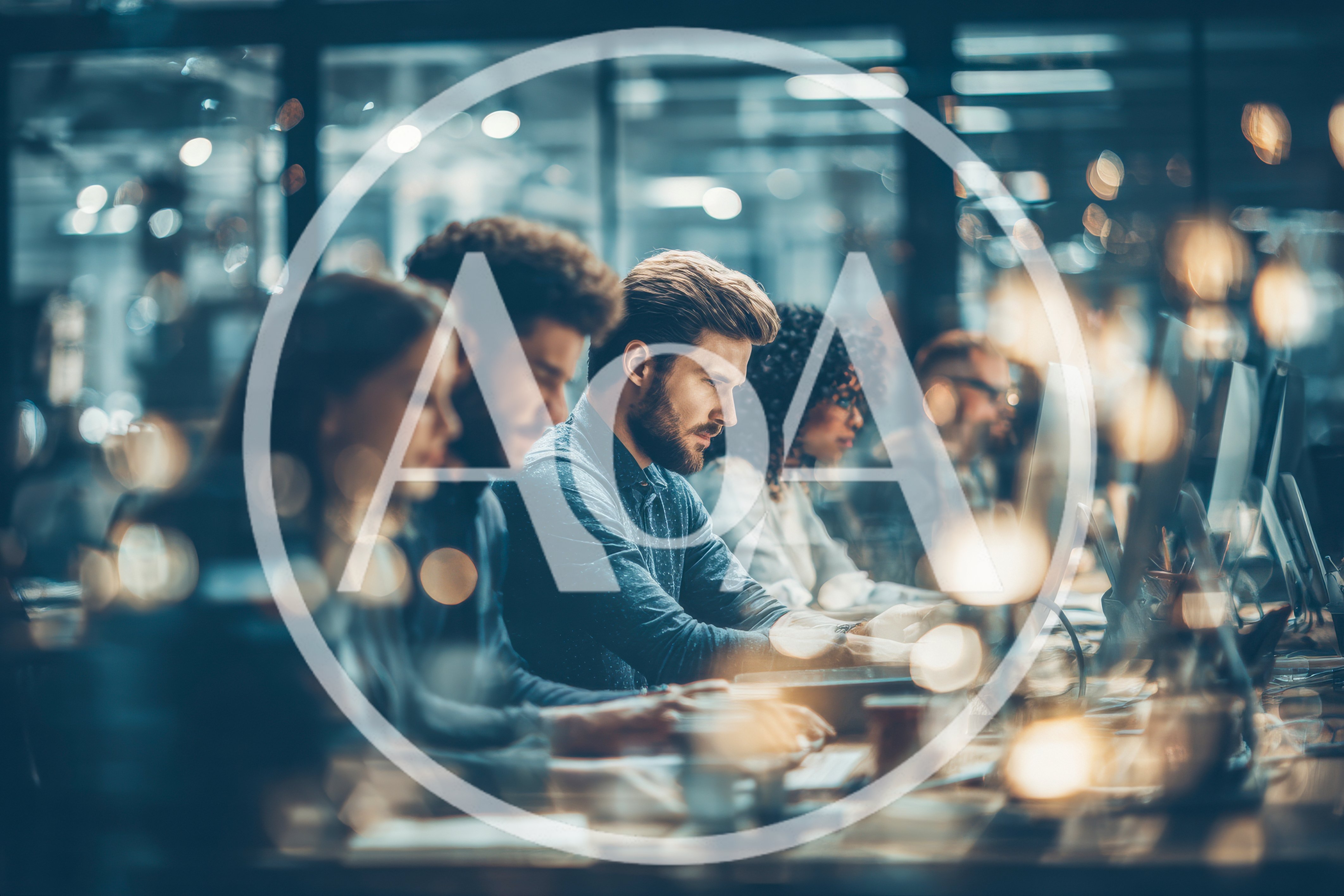 Diverse Professionals Working Late In Modern Office