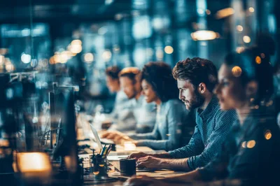 Professional Team Working Late In Modern Office