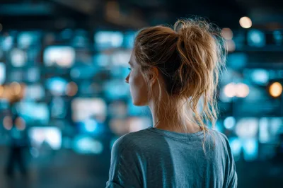 Young Woman Looking At Digital Screens In Dark Room