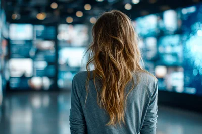 Woman Standing Before A Wall Of Digital Screens