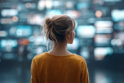 Woman Watching Multiple Screens In A Dark Room