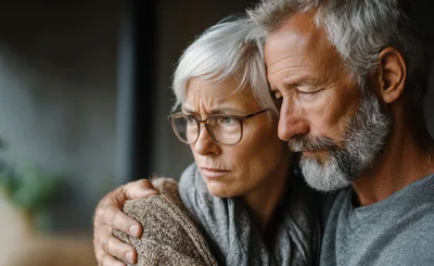 Senior Couple Embracing In A Moment Of Shared Grief