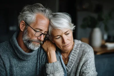 Sad Senior Couple Leaning On Each Other