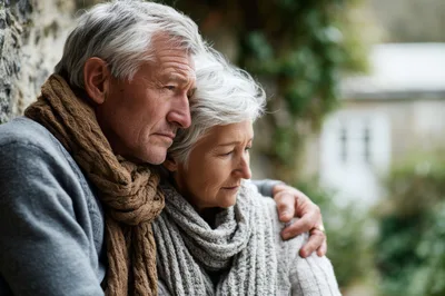 Senior Couple Embracing Outdoors in Thoughtful Reflection