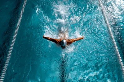 Swimmer Performing Butterfly Stroke in Pool