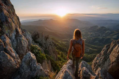 Hiker Standing On Mountain Peak At Sunset