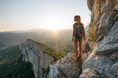 Woman Hiking On A Mountain Ridge At Sunset