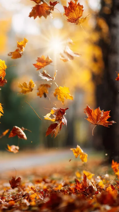 Autumn Maple Leaves Falling In Sunlight