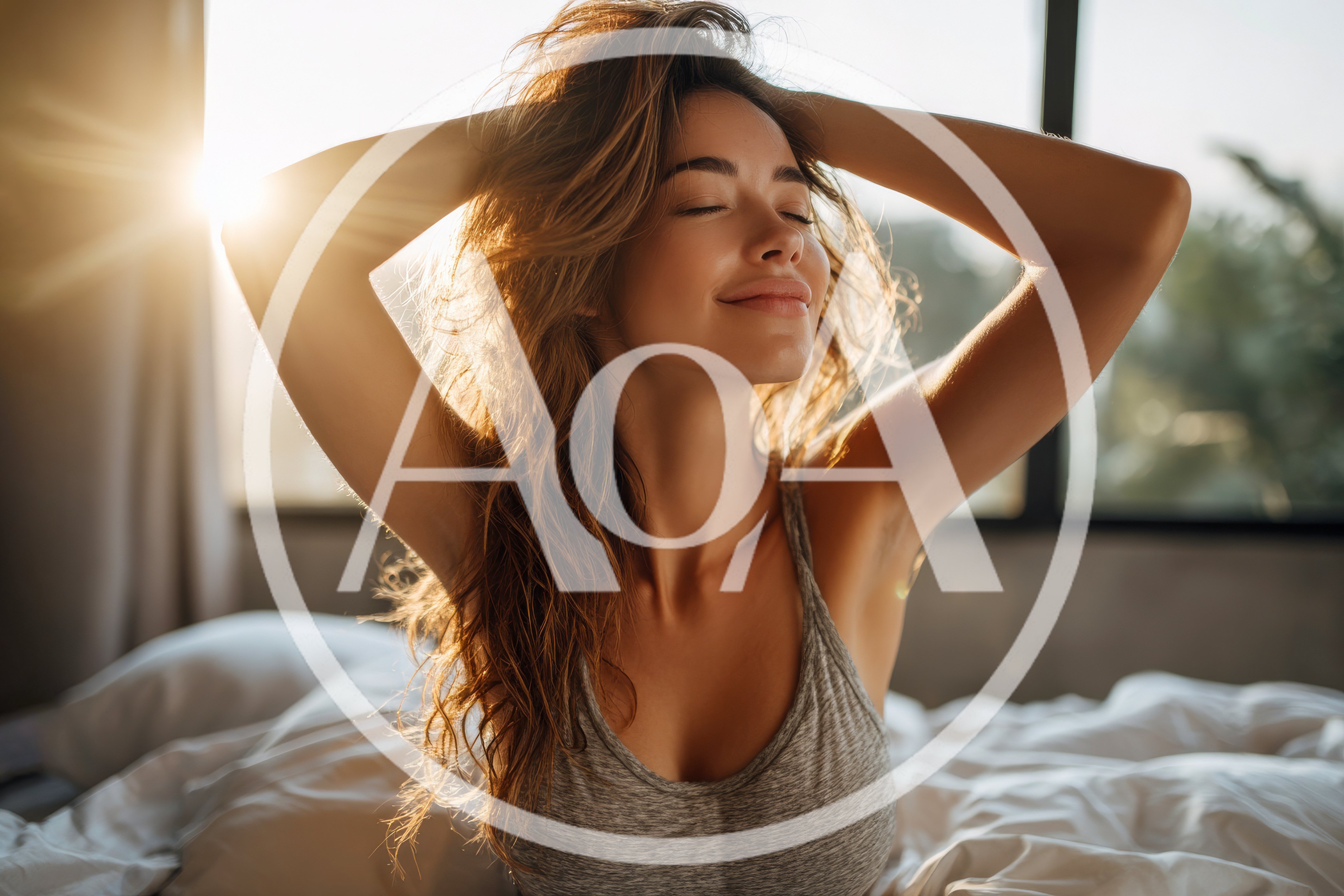 Young Woman Stretching In Bed During Sunrise