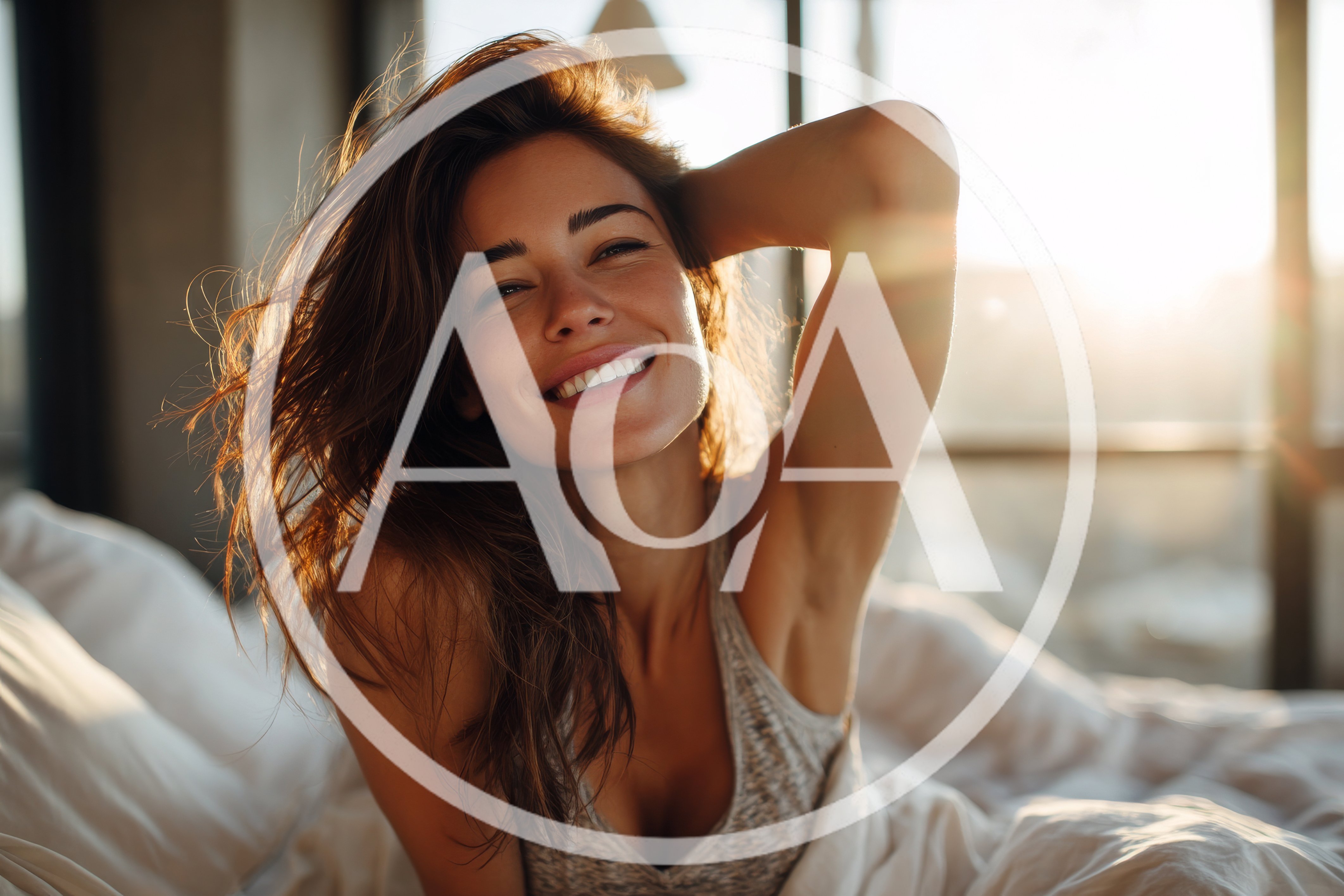 Smiling Woman Relaxing In Bed During Golden Hour
