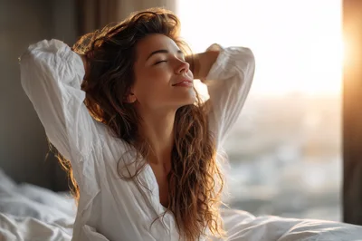 Young Woman Stretching In Bed During Morning Sunlight