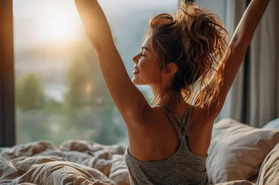 Young Woman Stretching In Bed At Sunrise