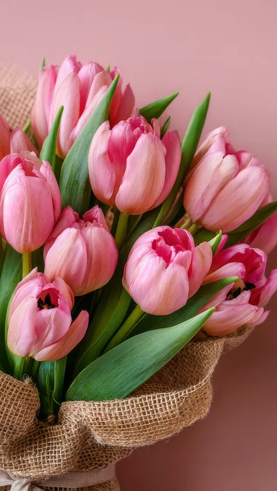 Bouquet of Fresh Pink Tulips Wrapped in Burlap