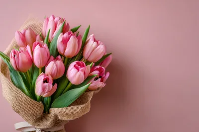 Bouquet Of Pink Tulips Wrapped In Burlap