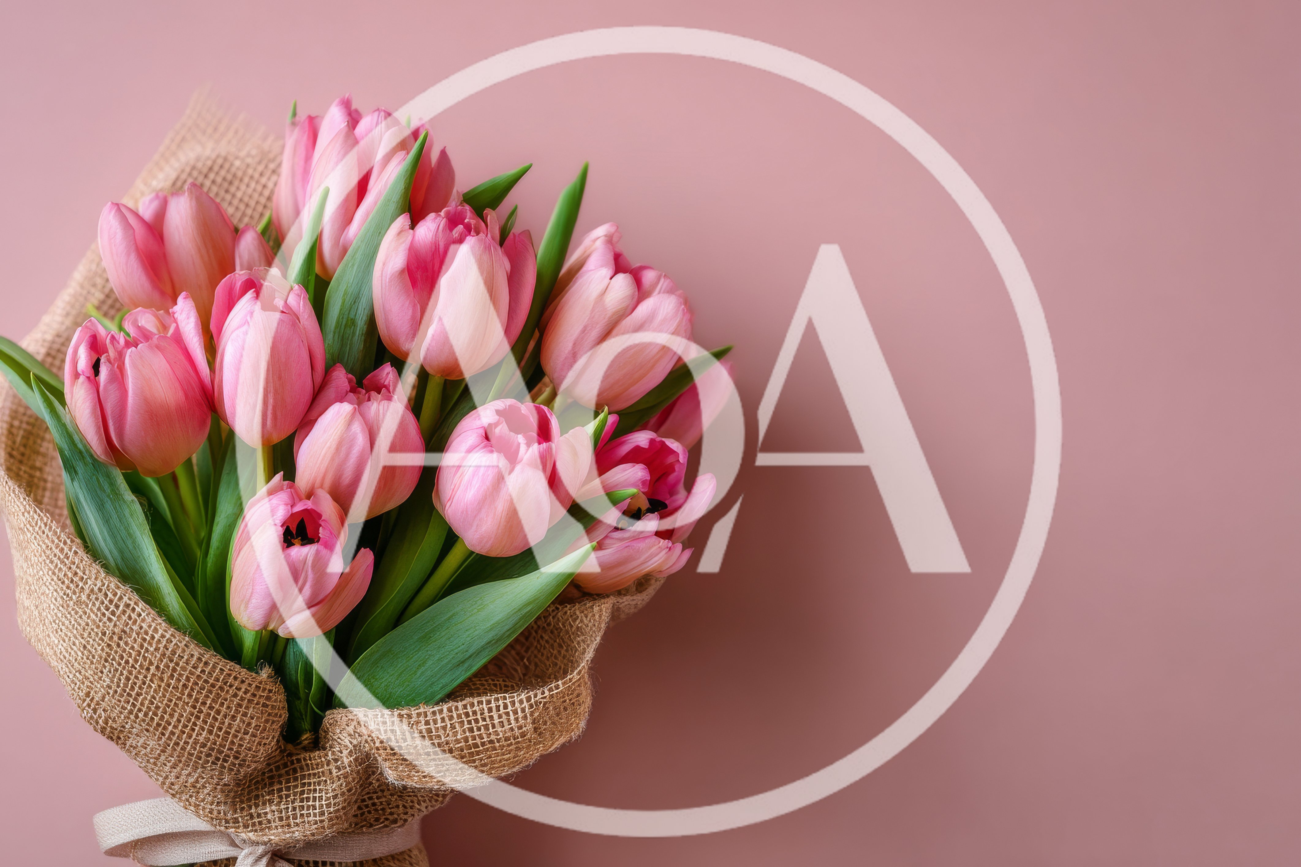 Bouquet Of Pink Tulips Wrapped In Burlap