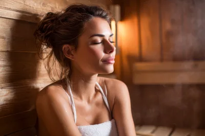 Young Woman Relaxing in a Wooden Sauna