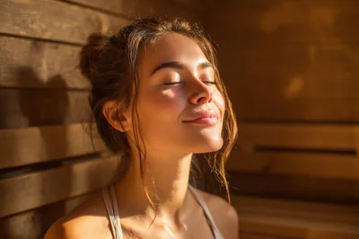 Young Woman Relaxing In A Wooden Sauna