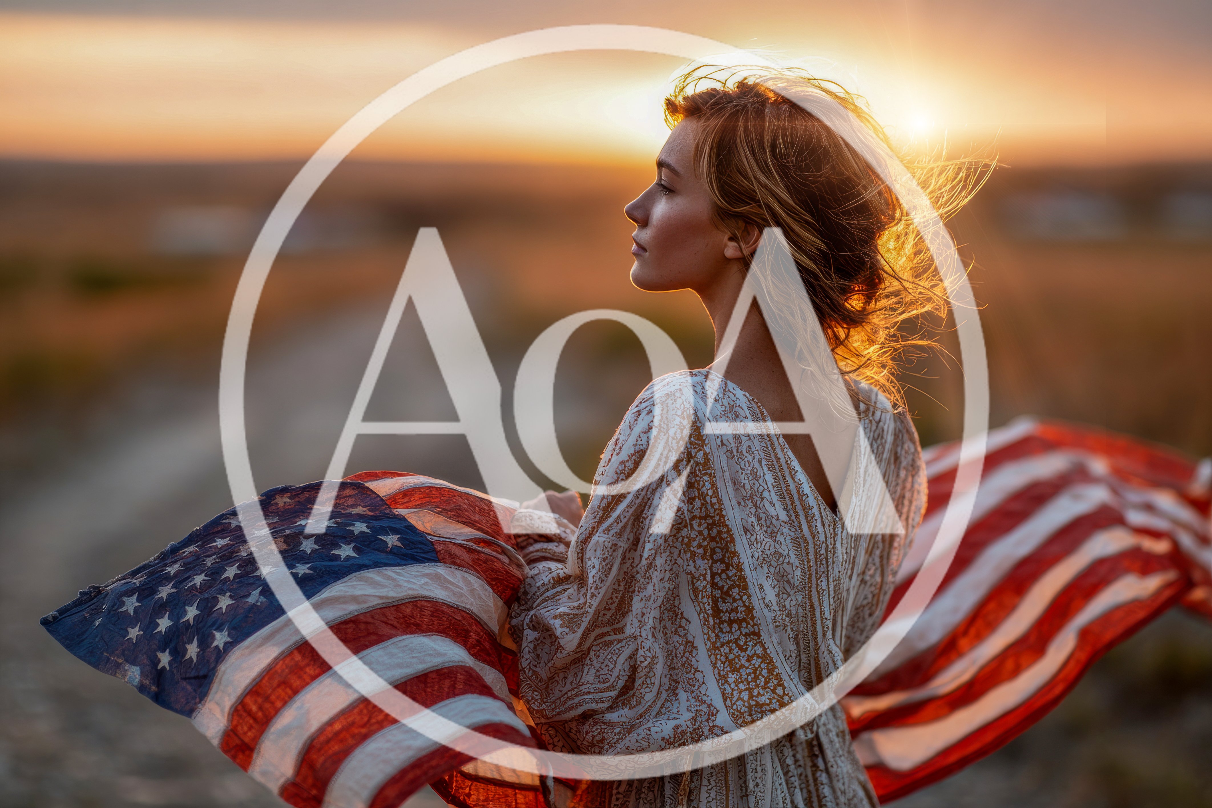 Young Woman Holding American Flag at Sunset