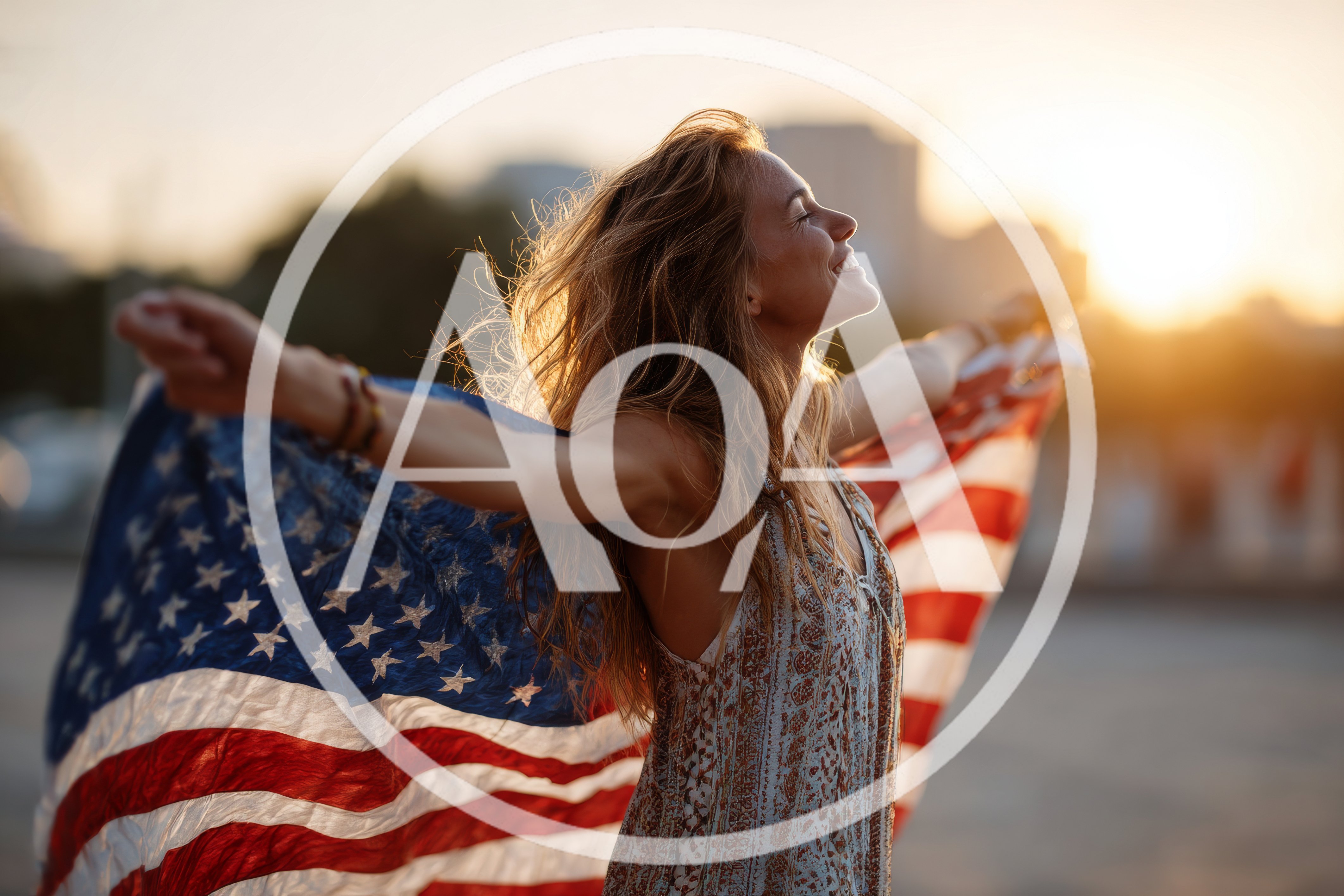 Young Woman Celebrating With American Flag At Sunset