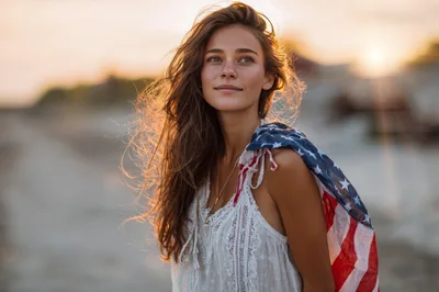 Young Woman With American Flag At Sunset