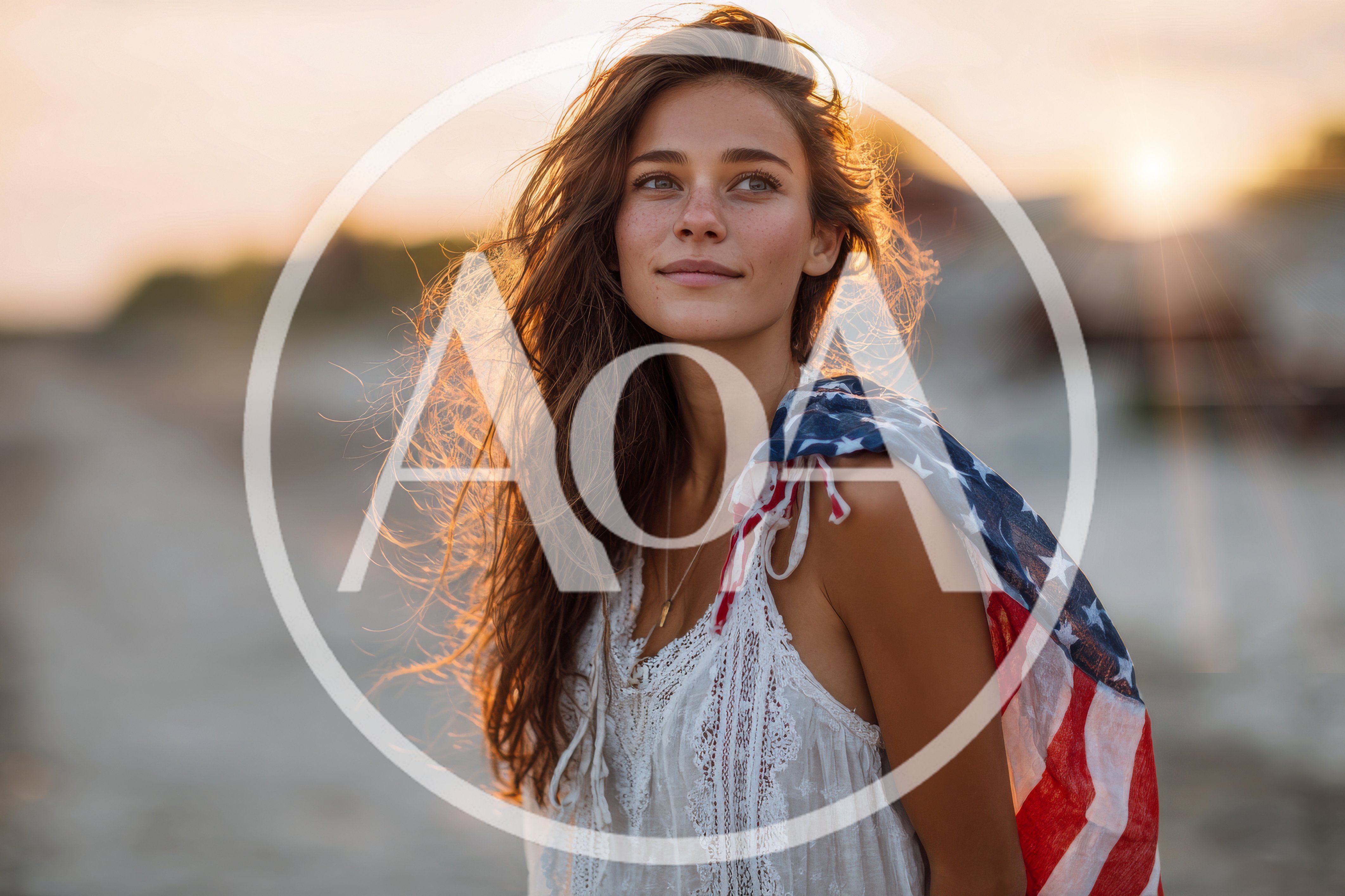 Young Woman With American Flag At Sunset