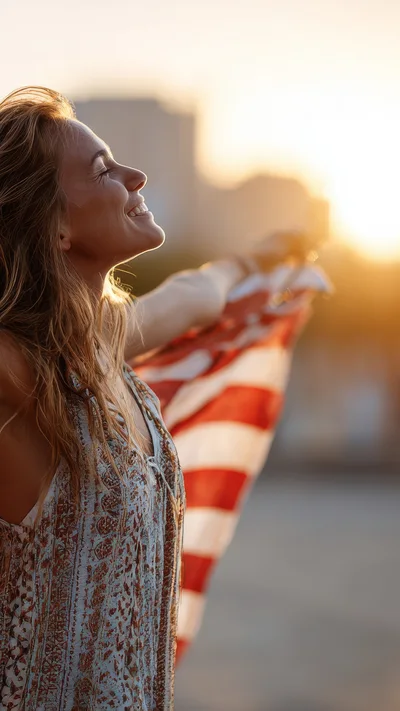 Young Woman Celebrating With American Flag At Sunset