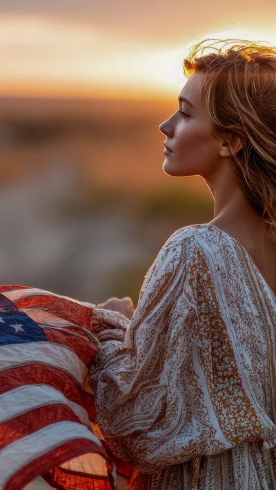 Young Woman Holding American Flag at Sunset