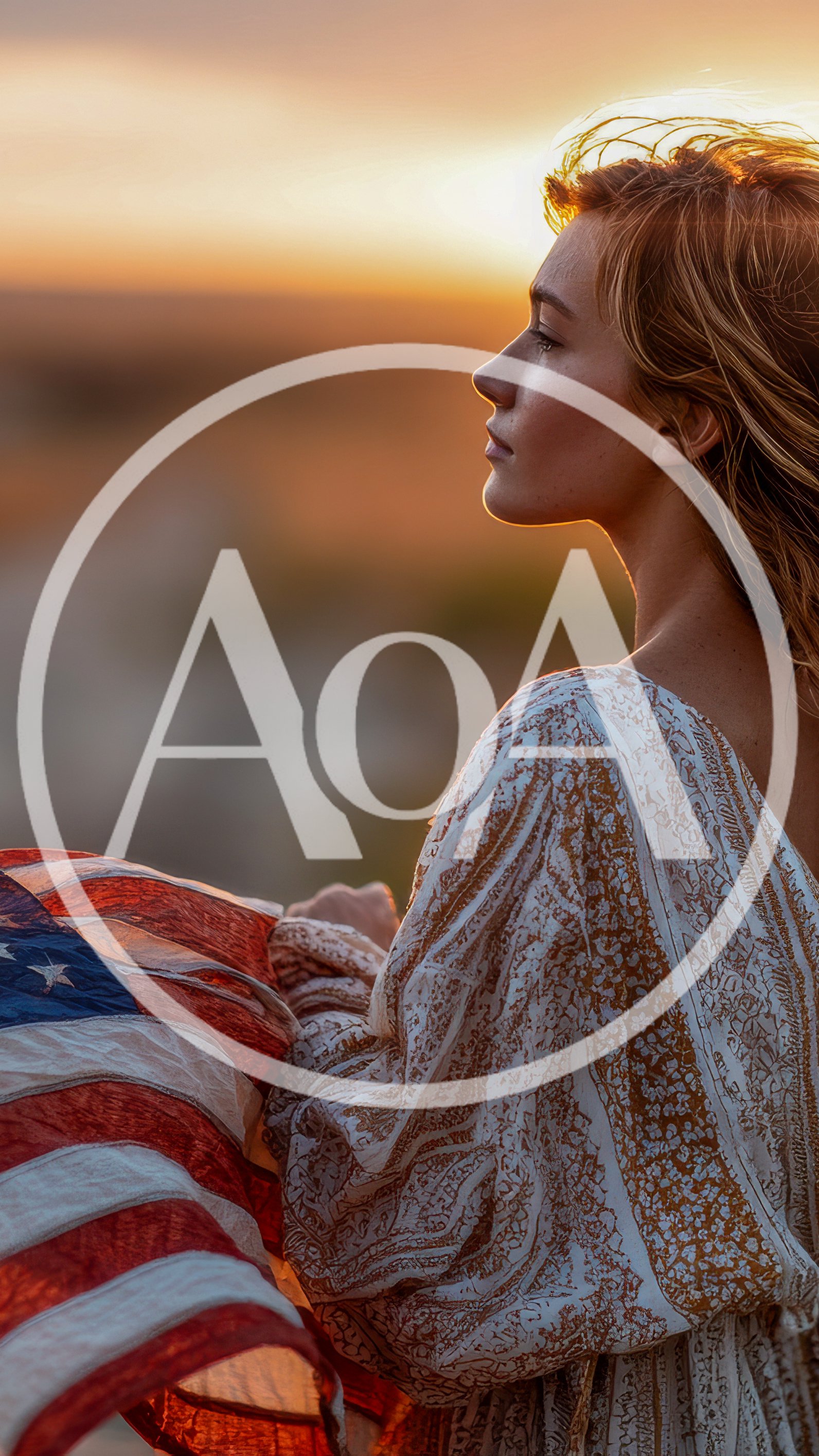 Young Woman Holding American Flag at Sunset