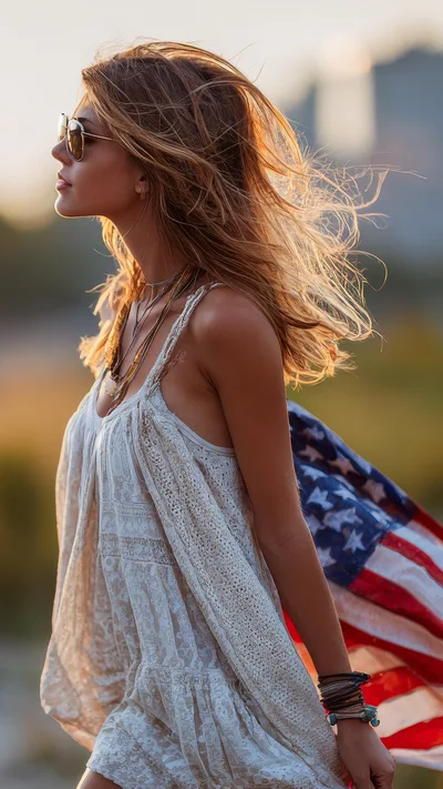 Young Woman Walking With American Flag At Sunset