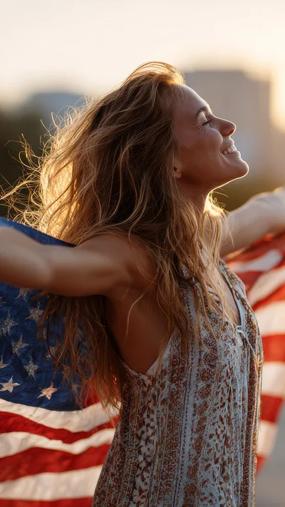 Young Woman Celebrating With American Flag At Sunset