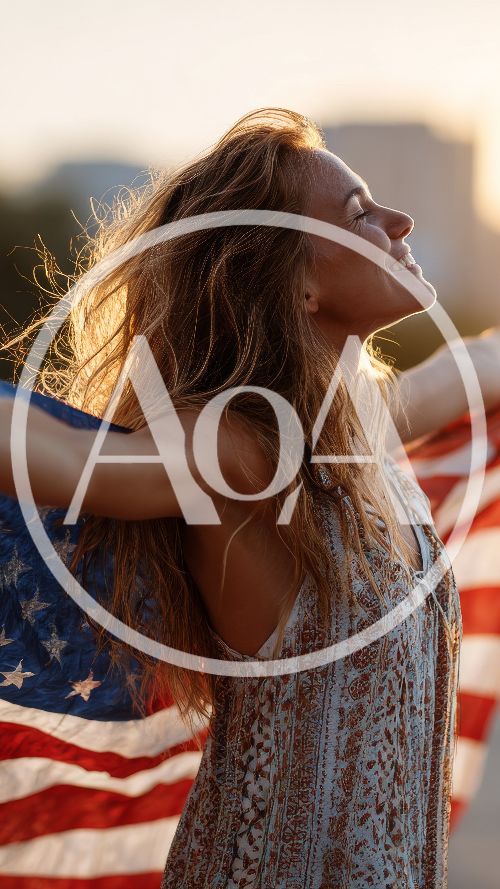 Young Woman Celebrating With American Flag At Sunset