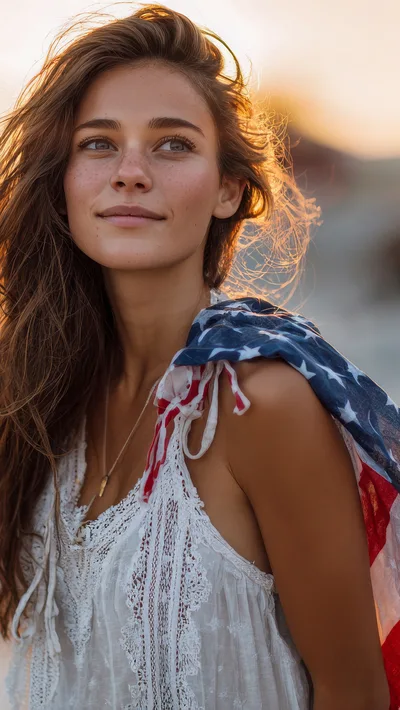 Young Woman Draped In American Flag At Sunset