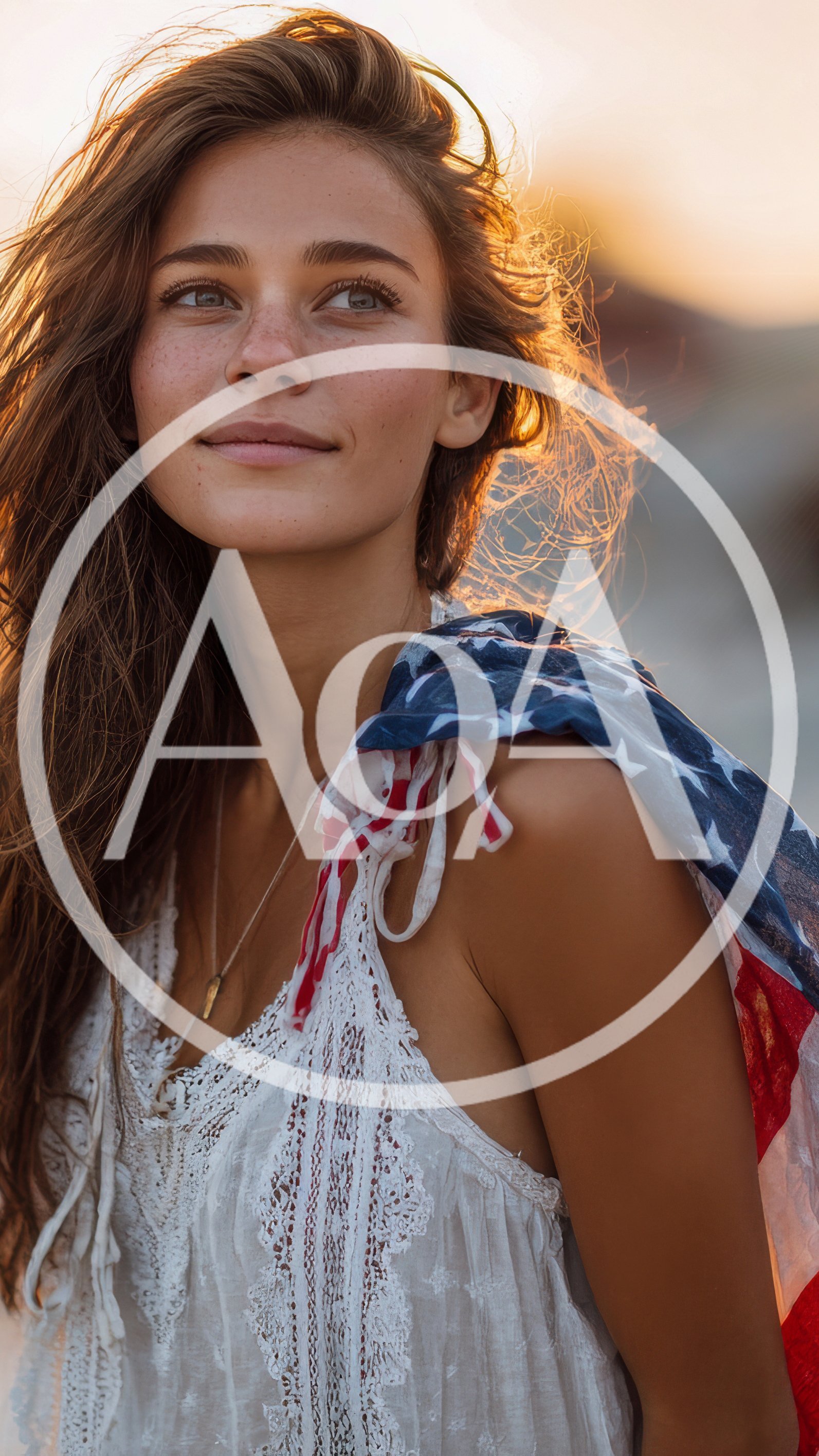 Young Woman Draped In American Flag At Sunset