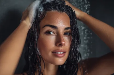 Beautiful Woman Washing Hair In The Shower