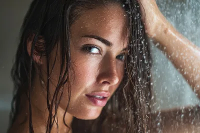 Young Woman Showering With Wet Hair