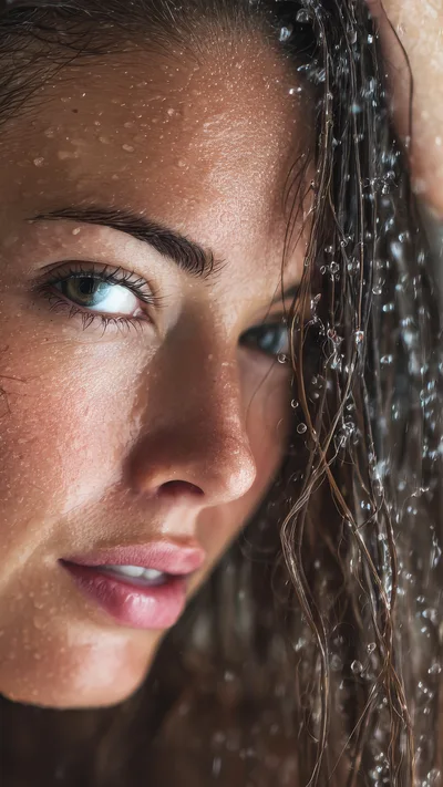 Close Up Portrait Of A Woman Showering