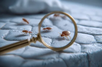 Bed Bugs Crawling On Mattress Under Magnifying Glass